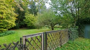 "wooden gates and fences with lawn and trees behind"