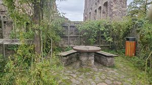 "small garden with benches and many climbling plants"