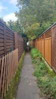 "narrow path between wooden fences, partly covered by trees"