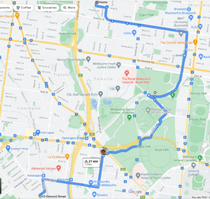 The hypothetical route had I hashed mid-move. (I now live at 18 Temple St, Brunswick West fyi).